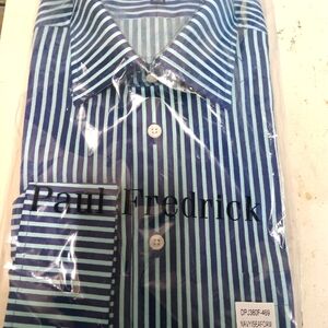 Paul Fredrick Men's Blue Seafoam Striped Cufflink Shirt Size 16x35